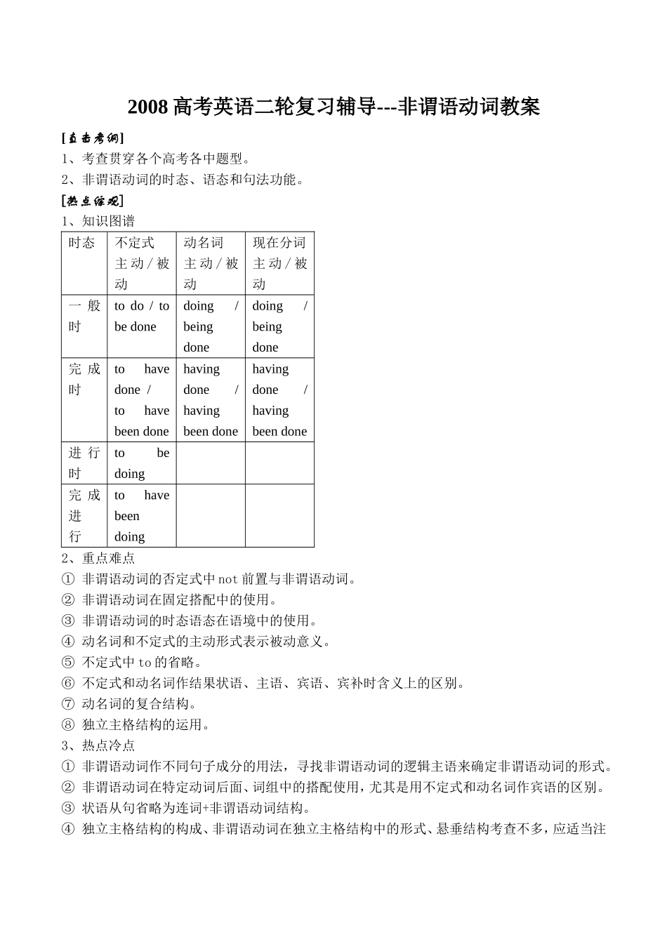 2008高考英语二轮复习辅导非谓语动词教案_第1页