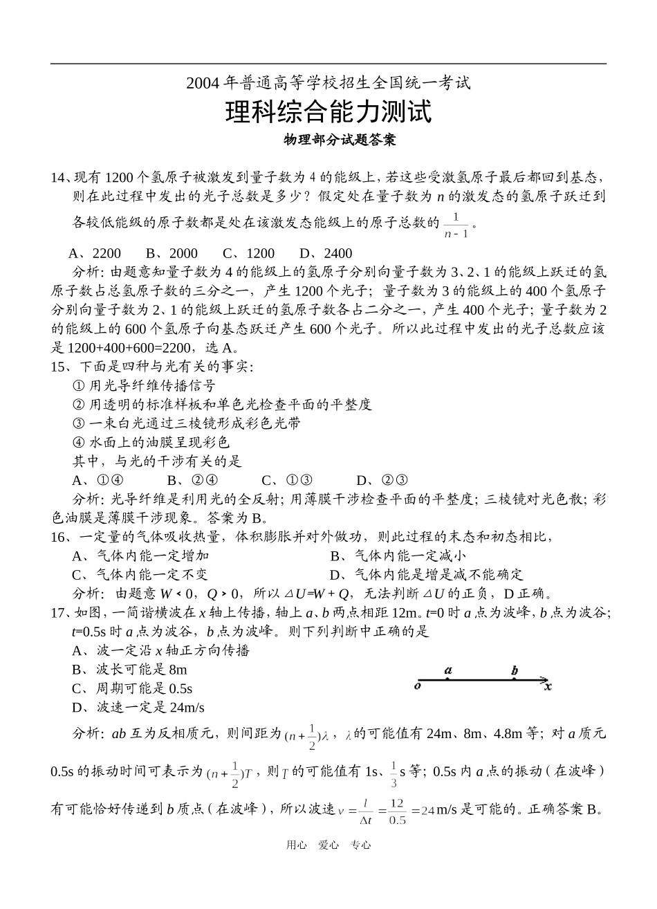 2004年高考全国理综Ⅱ（物理部分逐题解析）_第1页