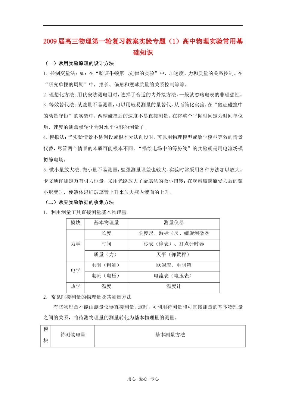 2009届高三物理第一轮复习教案实验专题（1）高中物理实验常用基础知识_第1页