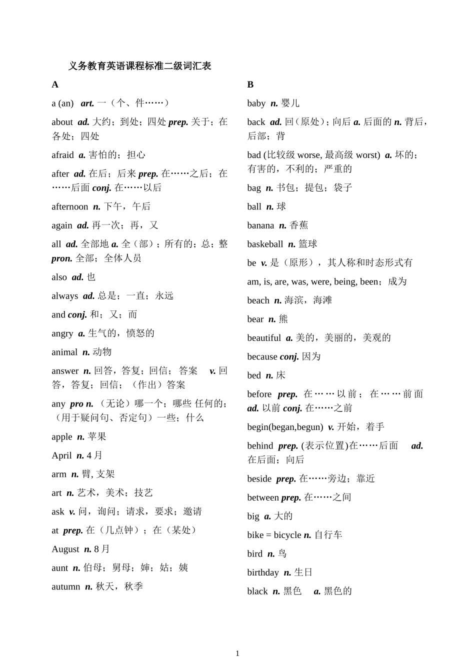 义务教育英语课程标准二级词汇表_第1页