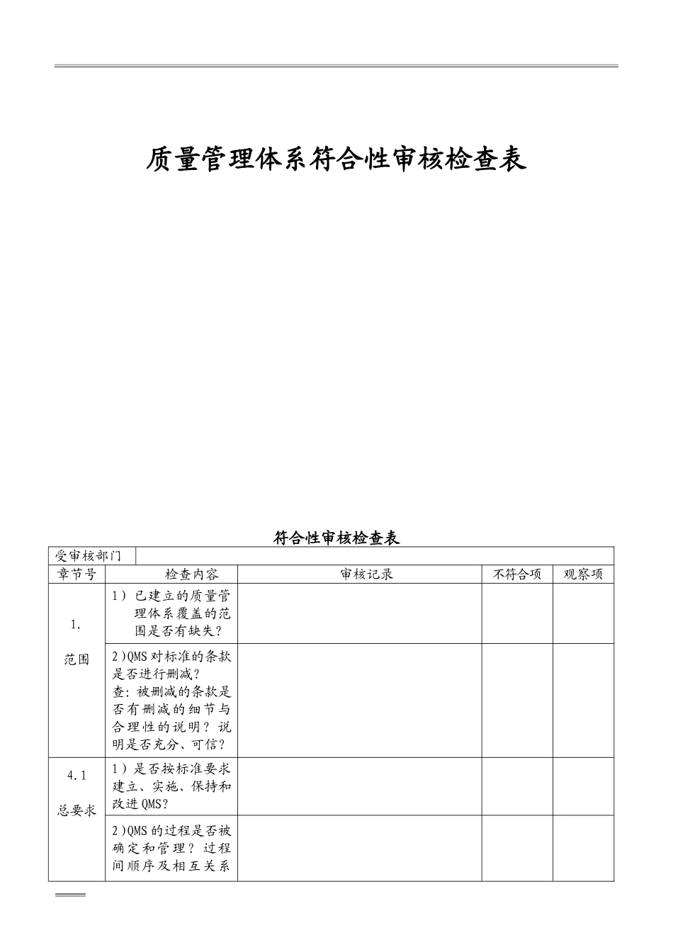 质量管理体系符合性审核检查表_第1页