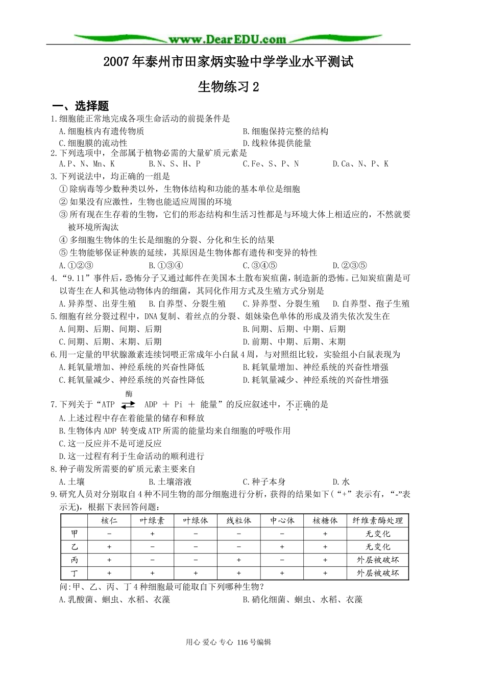 2007年泰州市田家炳实验中学高中生物学业水平测试 人教版 必修1_第1页