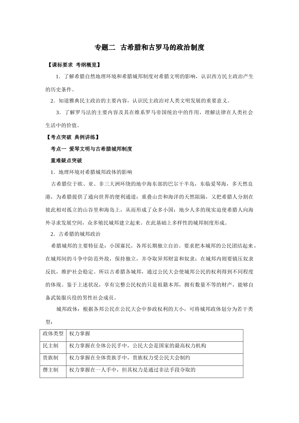 2009年高考一轮复习精品教学案：（二）古希腊和古罗马的政治制度_第1页