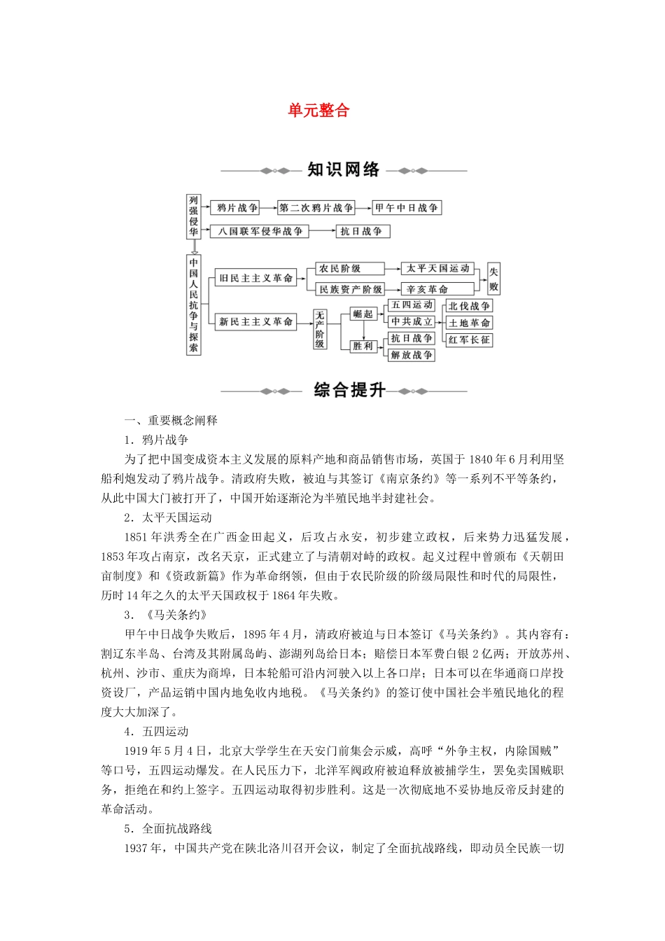 2010-2011学年高中历史 第四单元 近代中国反侵略、求民主的潮流 单元整合同步学案 新人教版必修1_第1页
