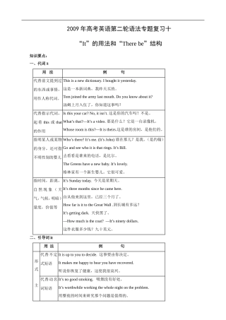 2009年高考英语第二轮语法专题复习教案十：“It”的用法和“There be”结构