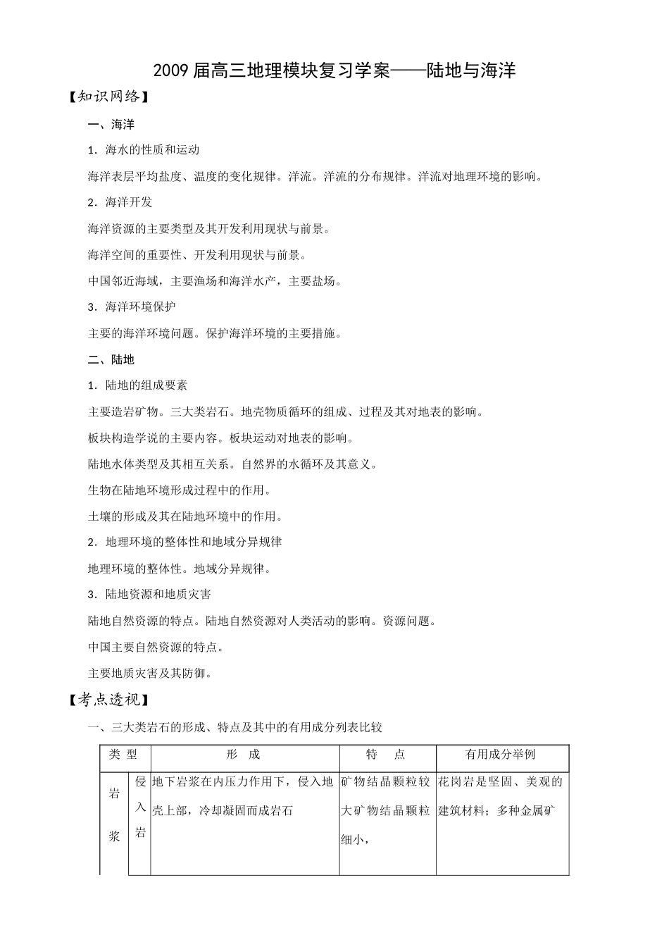 2009届高三地理模块复习学案——陆地与海洋_第1页