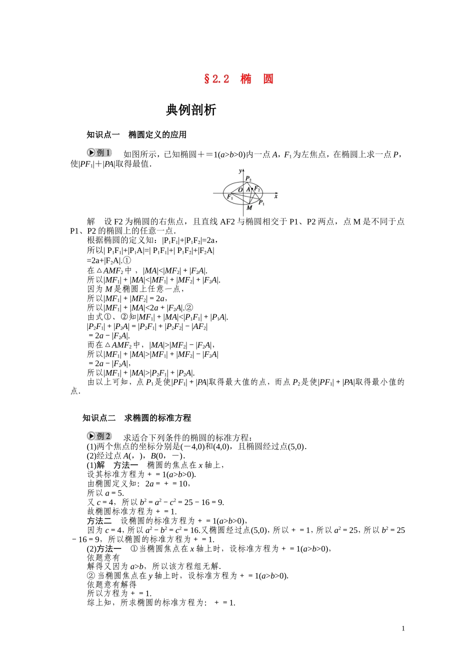 2010-2011学年高中数学 第2章 圆锥曲线与方程 2.2　椭圆同步精品学案 新人教A版选修2_第1页