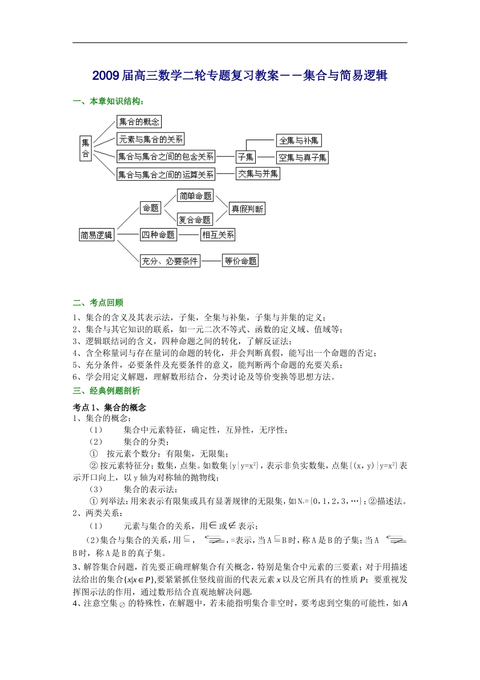 2009届高三数学第二轮专题复习教案：集合与简易逻辑_第1页