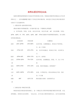 2010届高三地理复习素材：经纬位置空间定位法