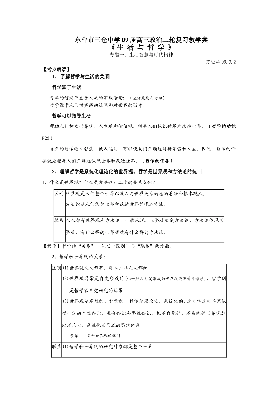 2009届江苏省东台市三仓中学高三政治二轮复习教学案专题一：生活智慧与时代精神_第1页