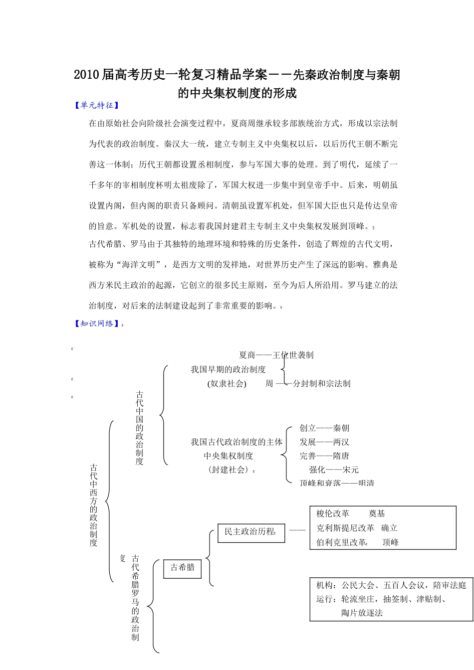2010届高考历史一轮复习精品学案――先秦政治制度与秦朝的中央集权制度的形成_第1页