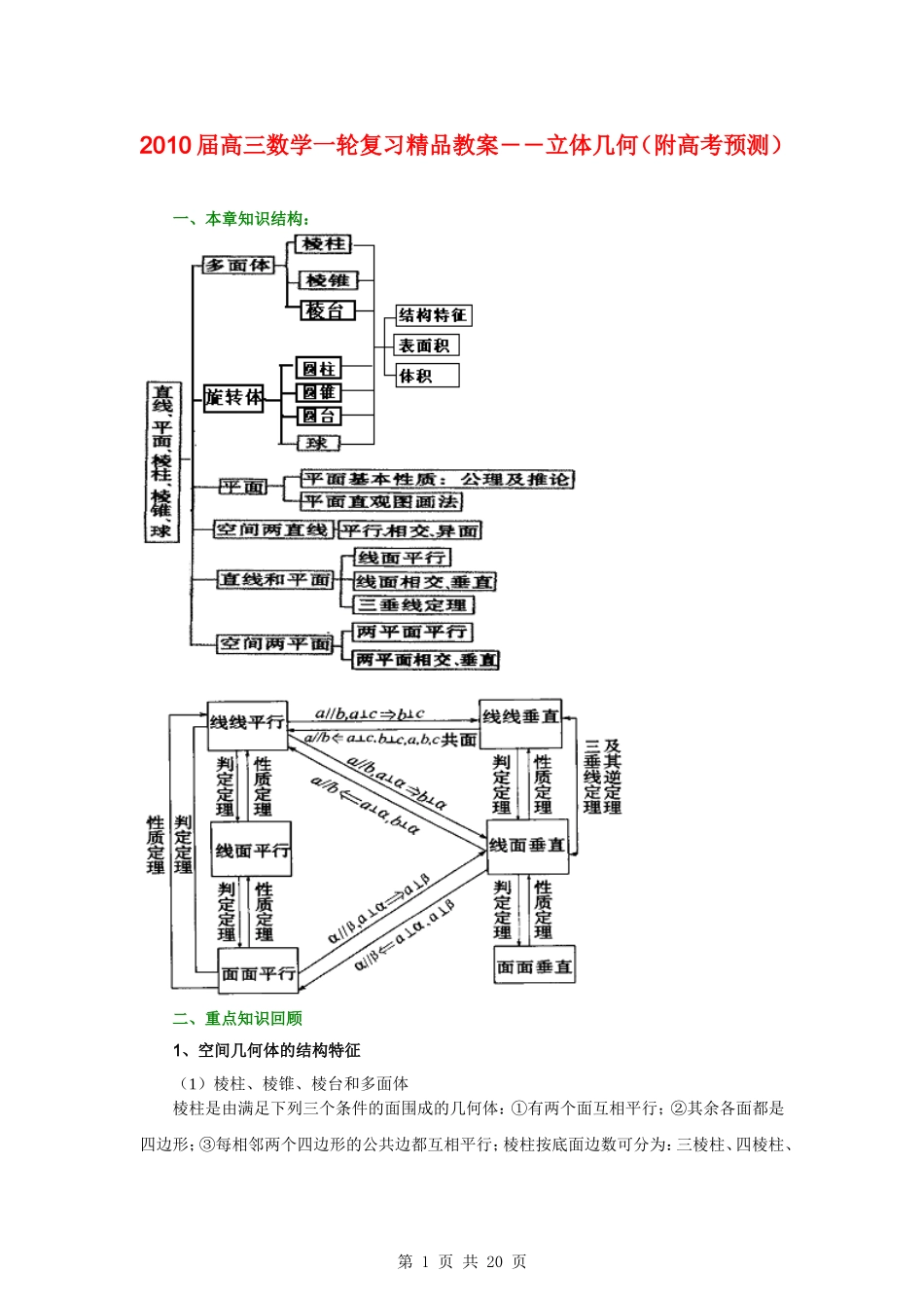 2010届高考数学第一轮复习精品教案：第九章  简单几何体_第1页
