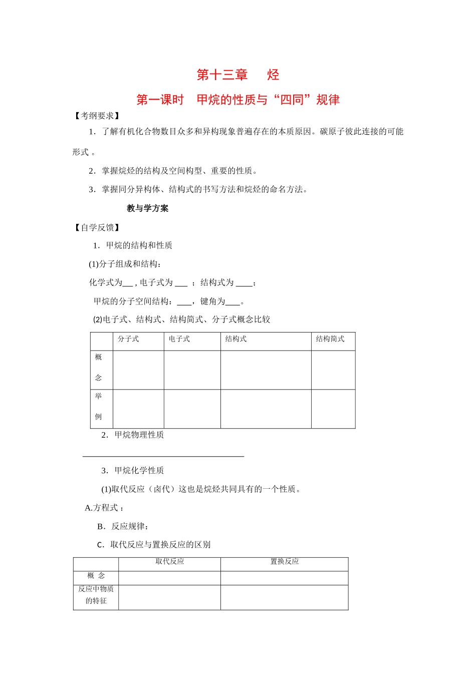 2010届高三化学一轮复习精品教学案+分层练习第十三章   烃第一课时  甲烷的性质与“四同”规律_第1页