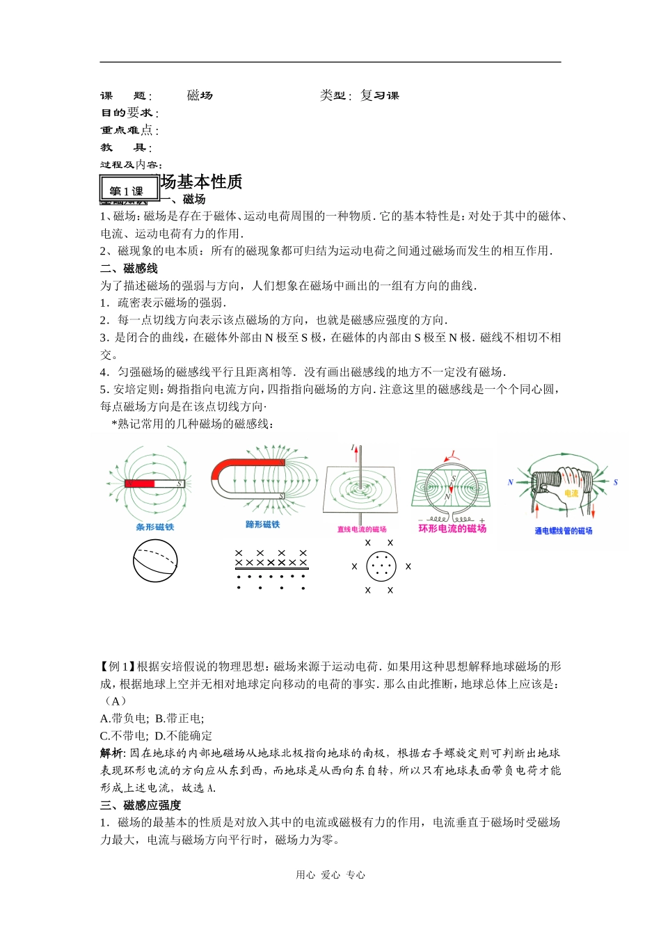 2010届高考物理第一轮复习精品教案：磁场_第1页