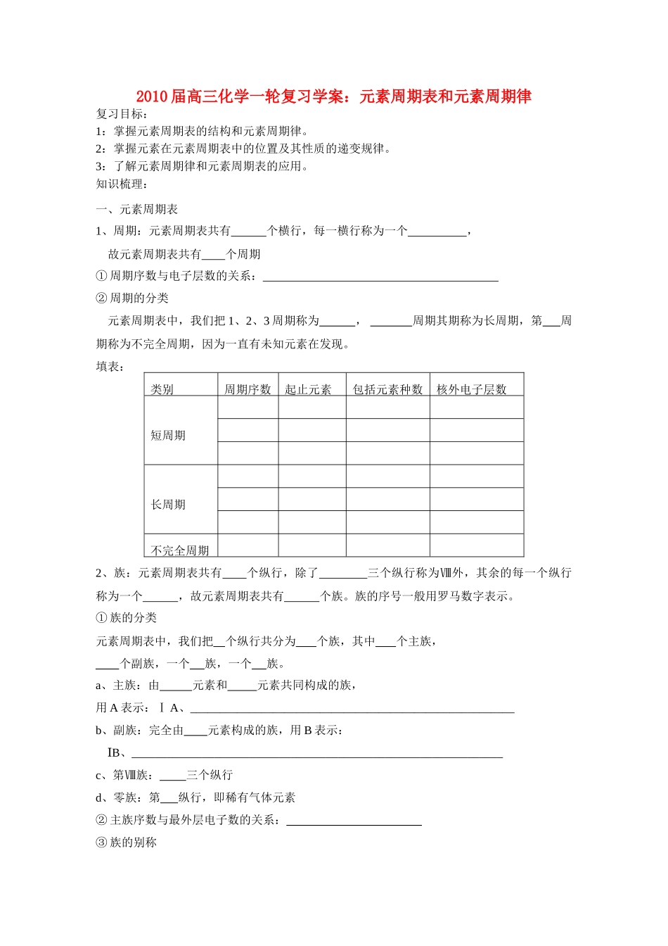 2010届高三化学一轮复习学案： 元素周期表和元素周期律 学案全国通用_第1页