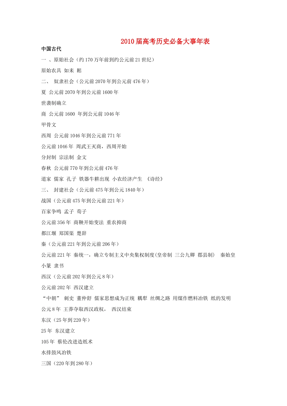 2010届高三历史高考必备大事年表学案_第1页