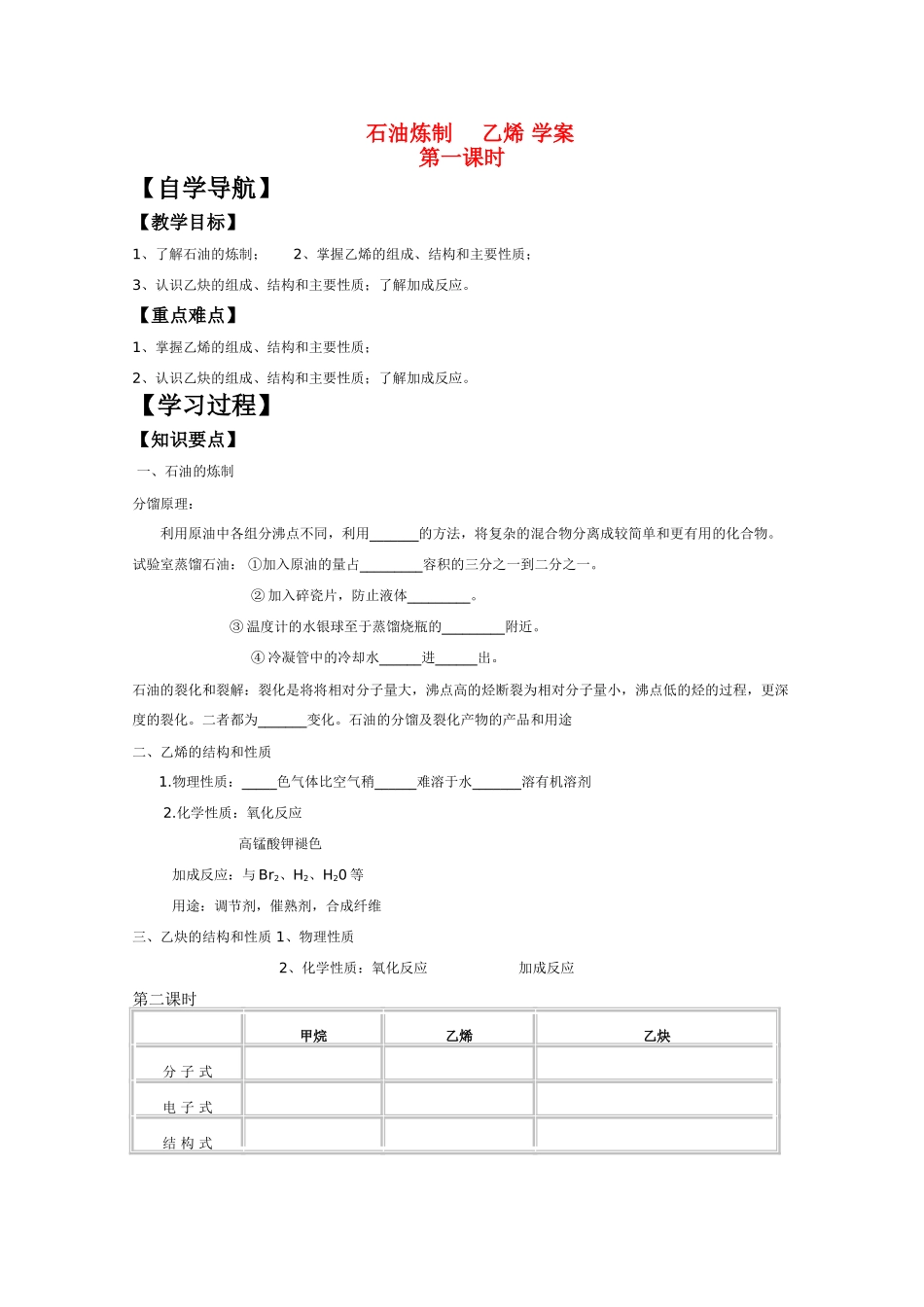 2010年高三化学高考二轮复习专题学案：石油炼制乙烯学案_第1页