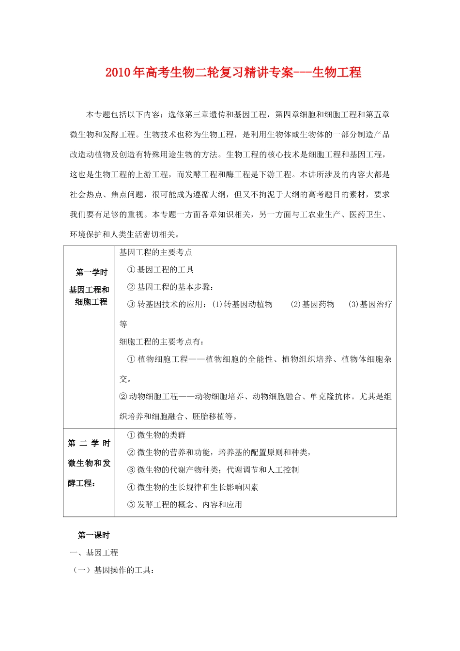 2010年高三生物高考二轮复习精讲专案---生物工程全国通用_第1页