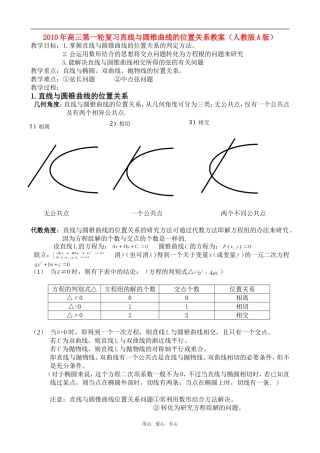 2010年高三数学第一轮复习 直线与圆锥曲线的位置关系教案（人教版A版）