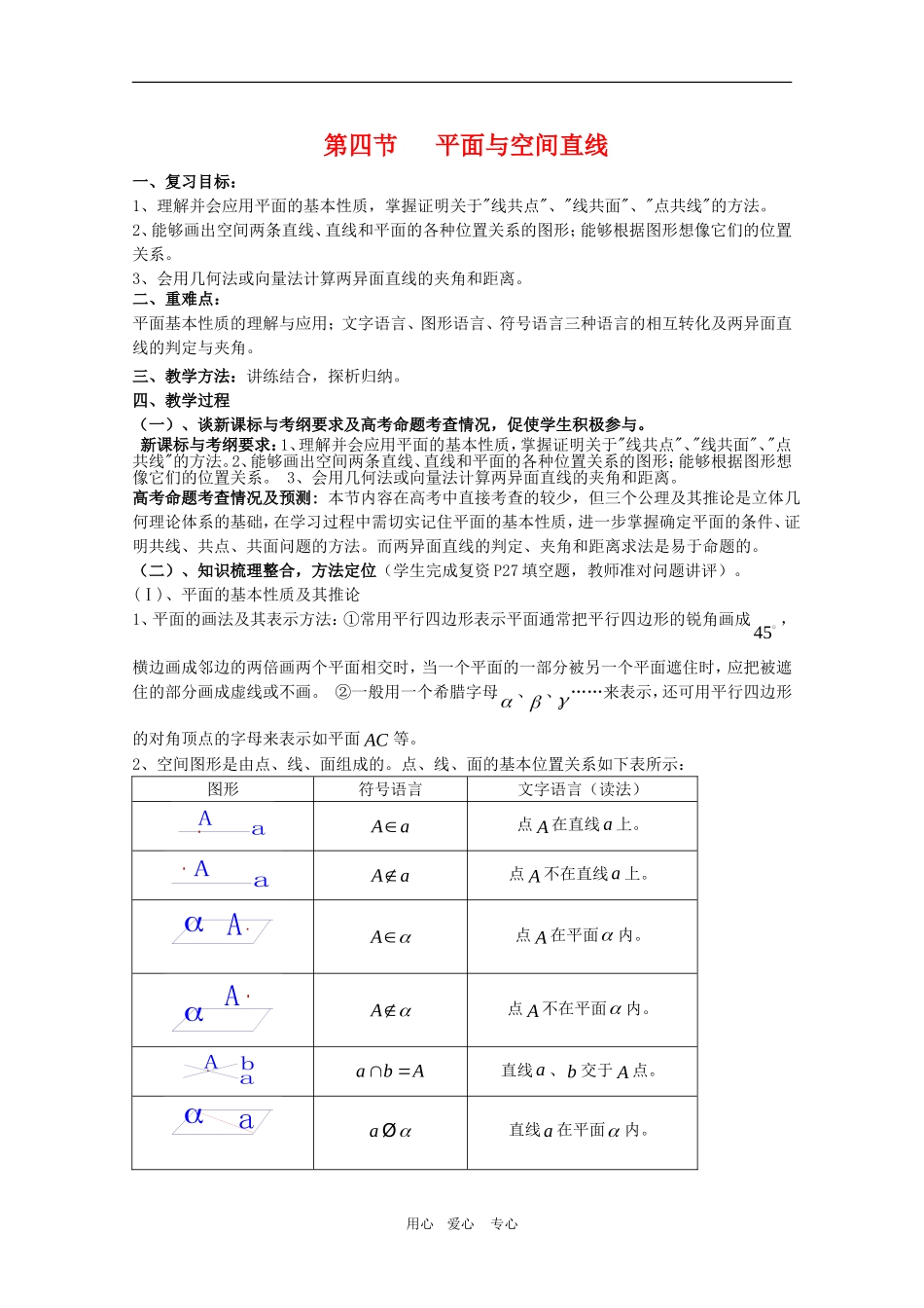 2010年高三数学高考考前复习教案：平面与空间直线_第1页