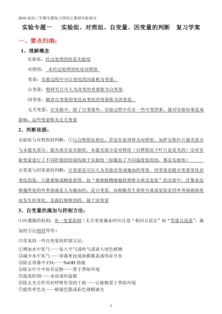 2010届高三生物高考实验专题 实验组、对照组、自变量、因变量的判断 复习学案
