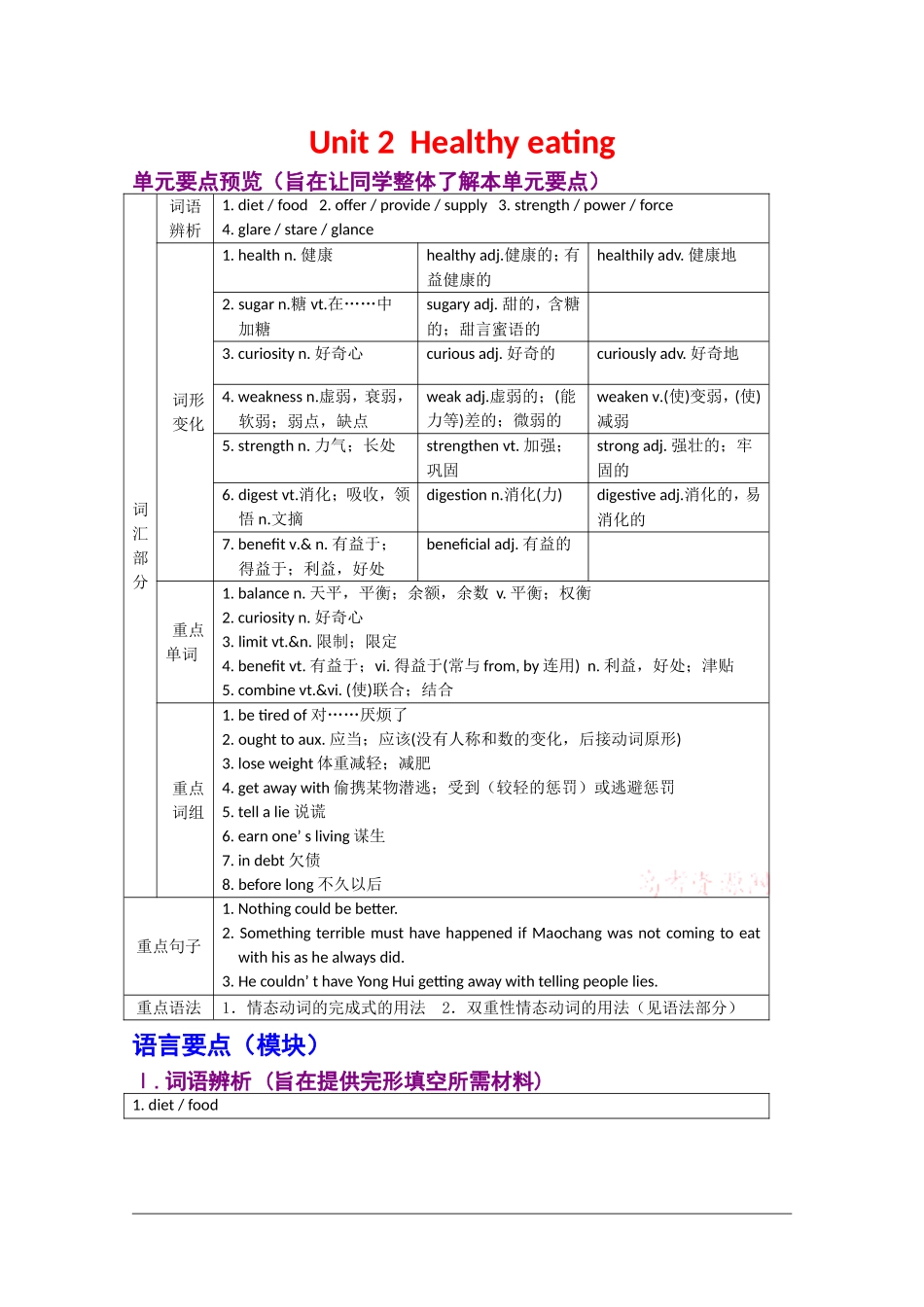 2010年高三英语高考一轮复习学案：Unit 2  Healthy eating《新人教版必修3》_第1页