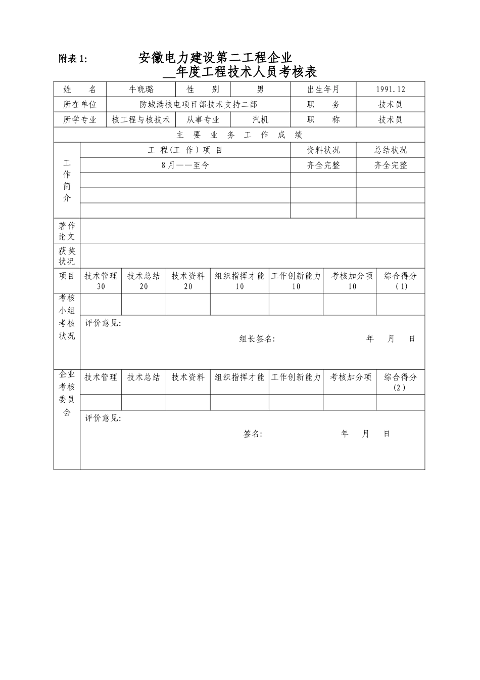 2025年专业技术管理人员考评表_第1页