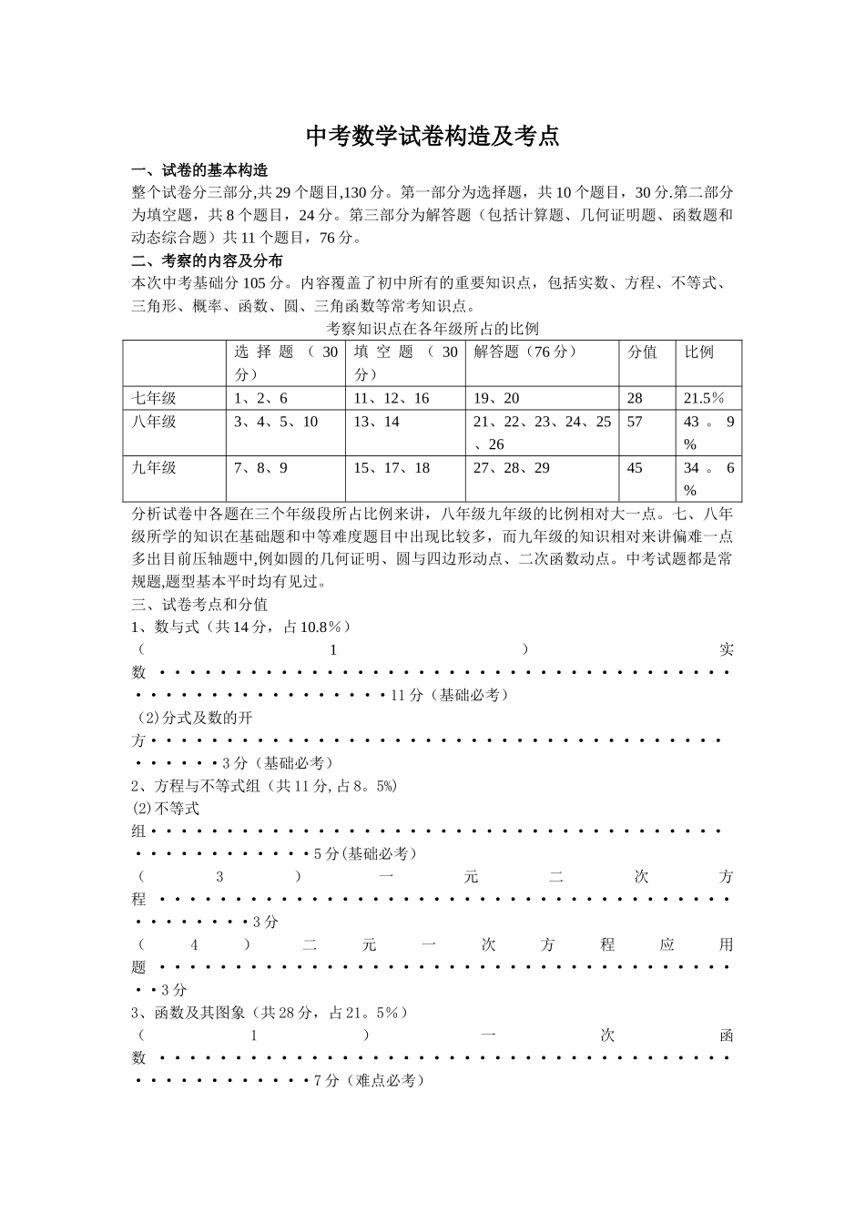 2025年中考数学试卷结构及考点_第1页