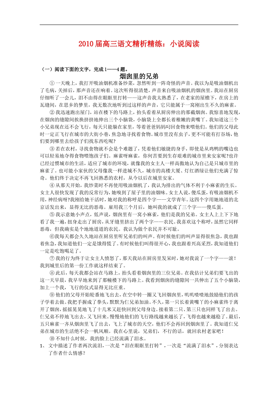 2010届高三语文精析精练：小说阅读_第1页