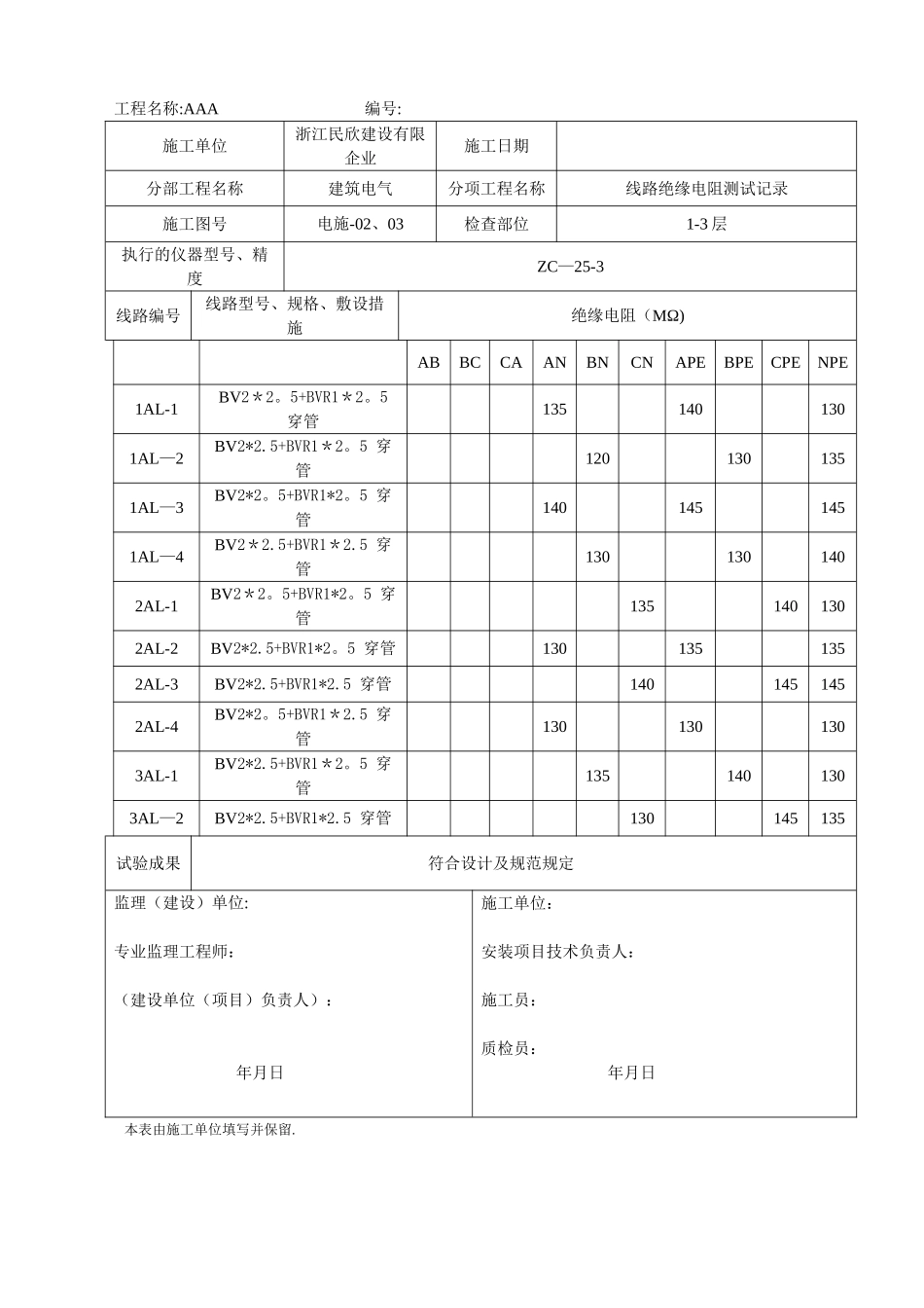 2025年全套电气分部测试记录表_第3页