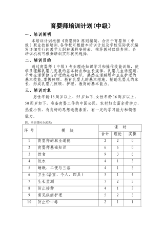 2025年中级育婴师培训计划