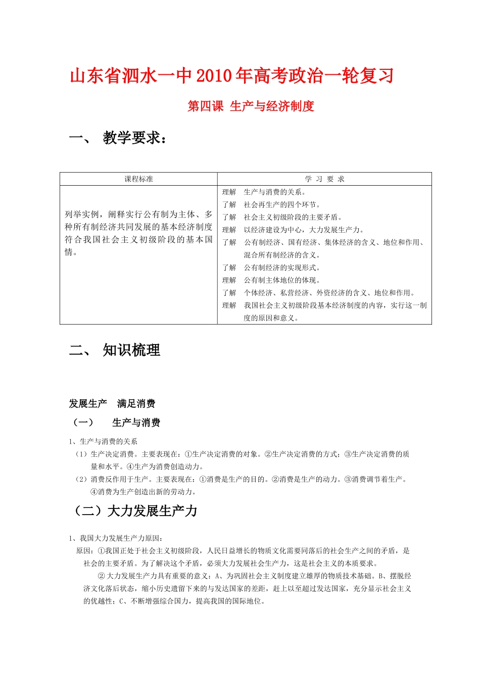 2010届高三政治一轮复习：2.4《生产与经济制度》学案  （山东省泗水一中） 新人教版08版必修1_第1页
