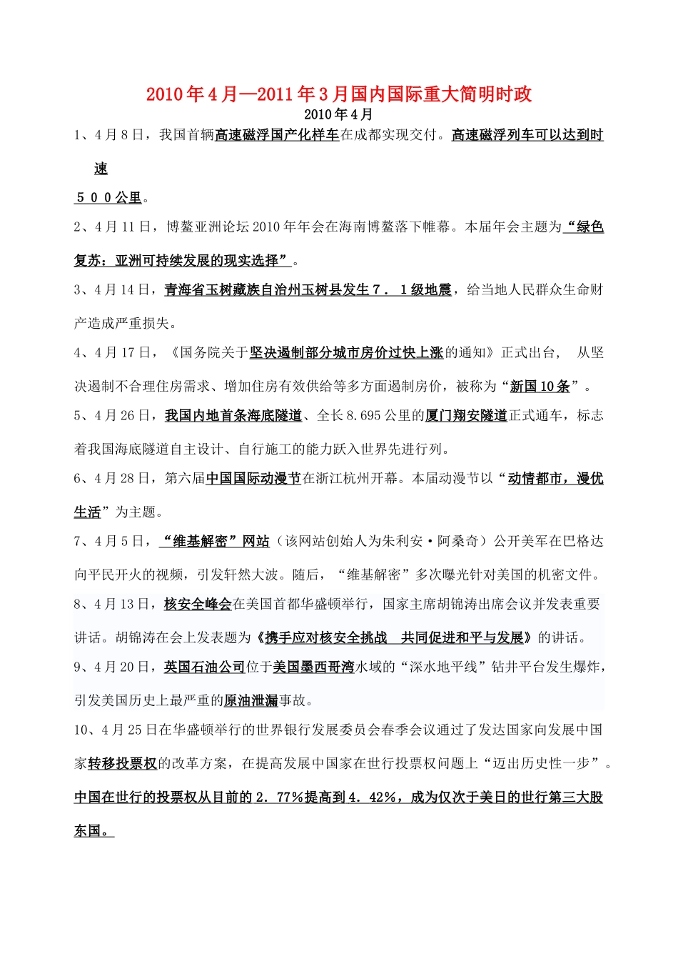 2010年4月—2011年3月高考政治 国内国际重大简明时政素材 新人教版_第1页