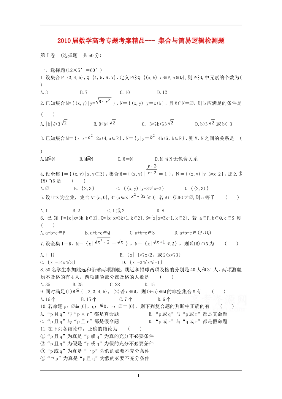 2010届数学高考专题考案精品--- 集合与简易逻辑检测题_第1页