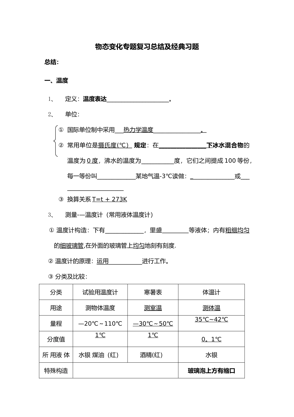 2025年初中物理物态变化中考专项复习知识点总结及典型题_第1页