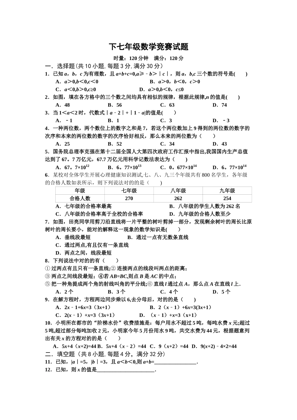 2025年下学期七年级数学竞赛试题及答案_第1页