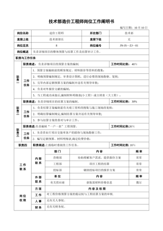 2025年19技术部造价工程师工作说明书