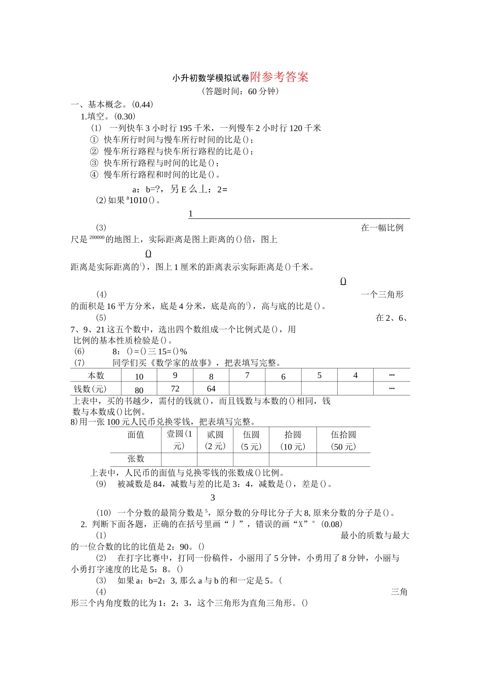 小升初数学试卷及答案_第1页