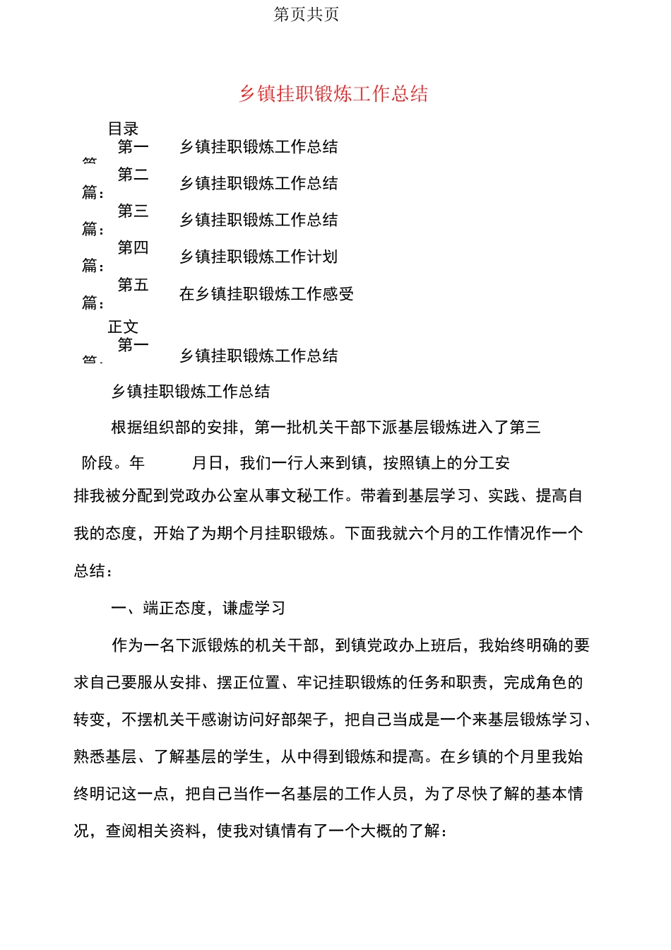 乡镇挂职锻炼工作总结_第1页