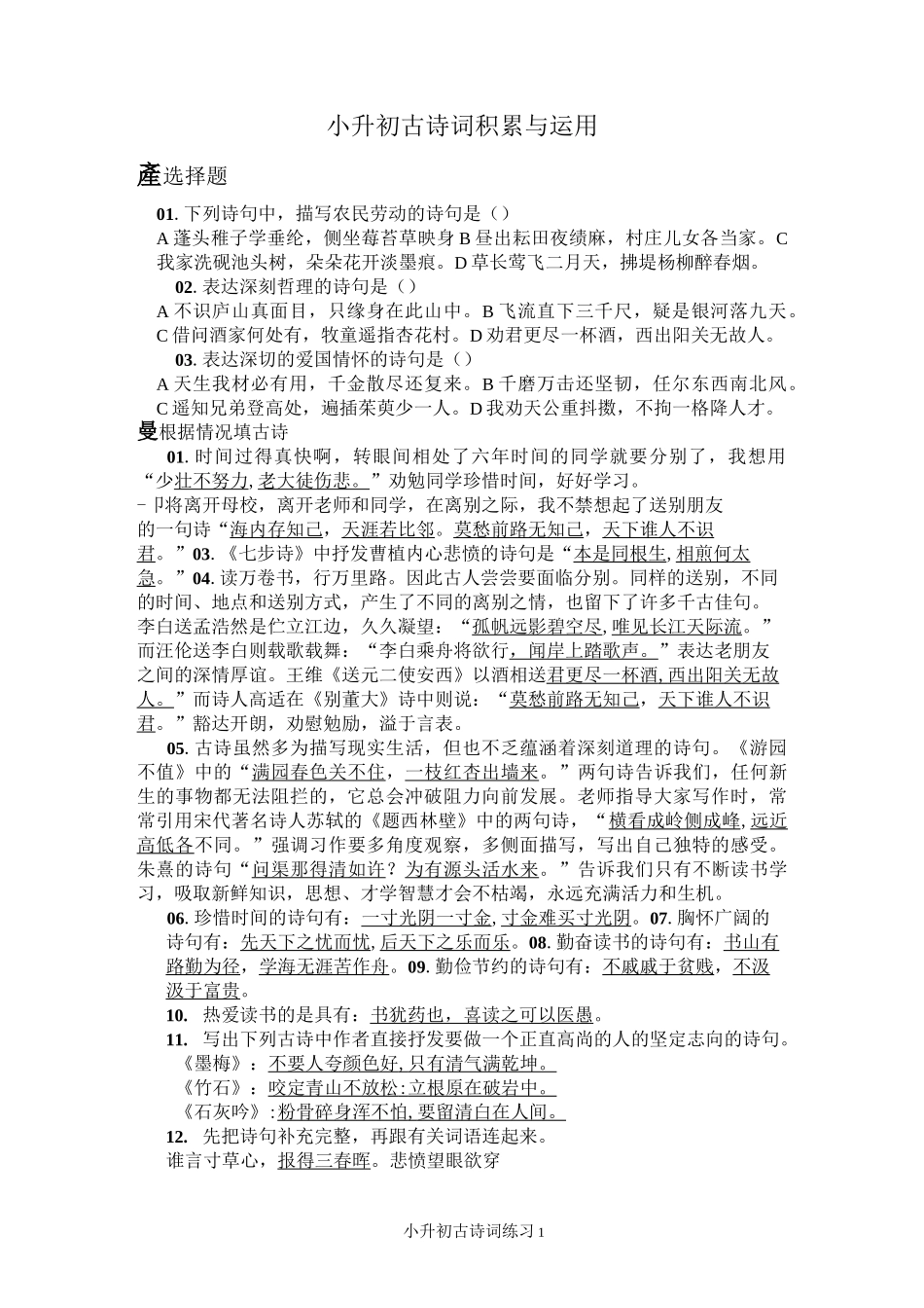 小升初古诗词积累与运用_第1页