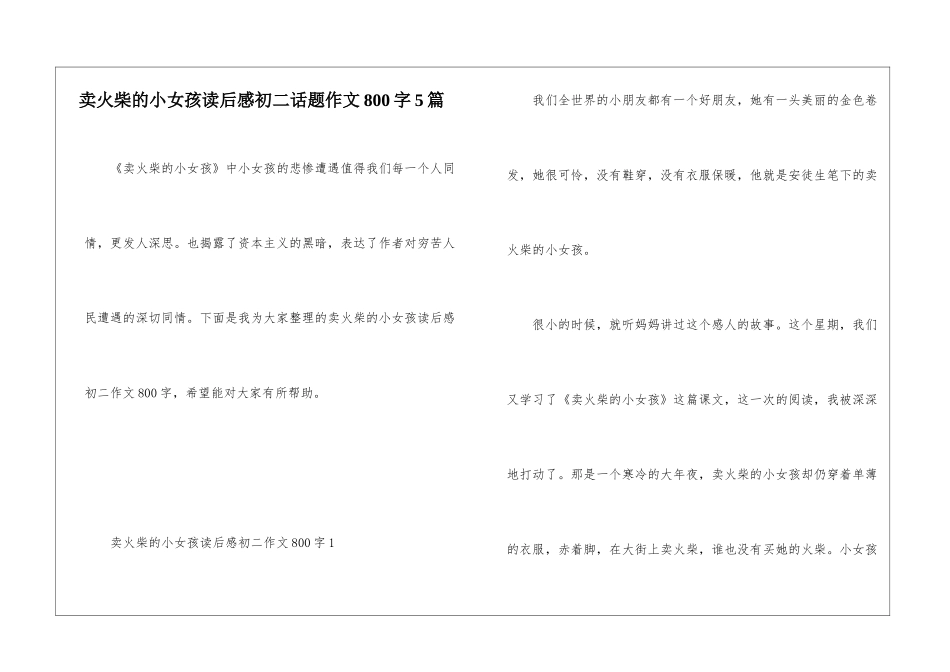 卖火柴的小女孩读后感初二话题作文800字5篇_第1页