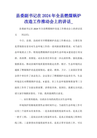 县委副书记在2024年全县燃煤锅炉改造工作推进会上的讲话