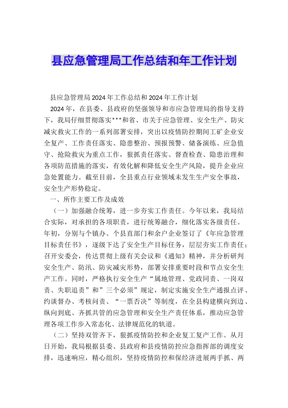 县应急管理局工作总结和年工作计划_第1页
