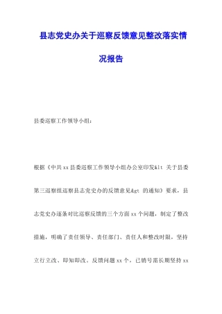 县志党史办关于巡察反馈意见整改落实情况报告