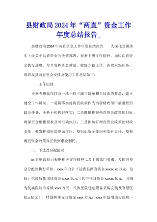 县财政局2024年“两直”资金工作年度总结报告