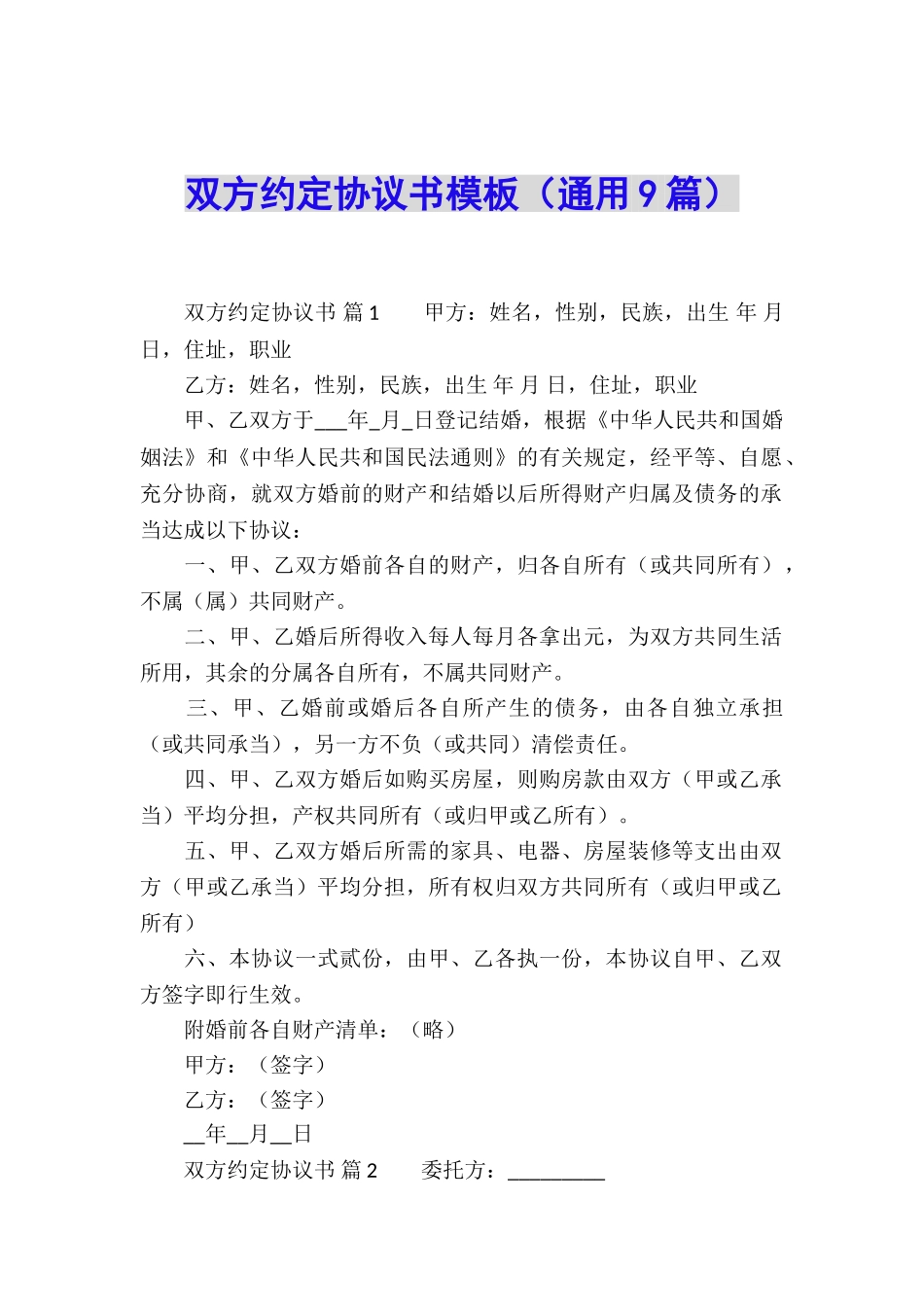 双方约定协议书模板_第1页