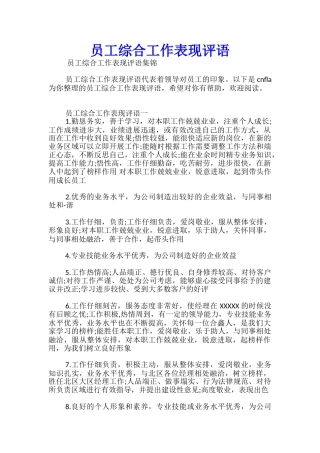 员工综合工作表现评语