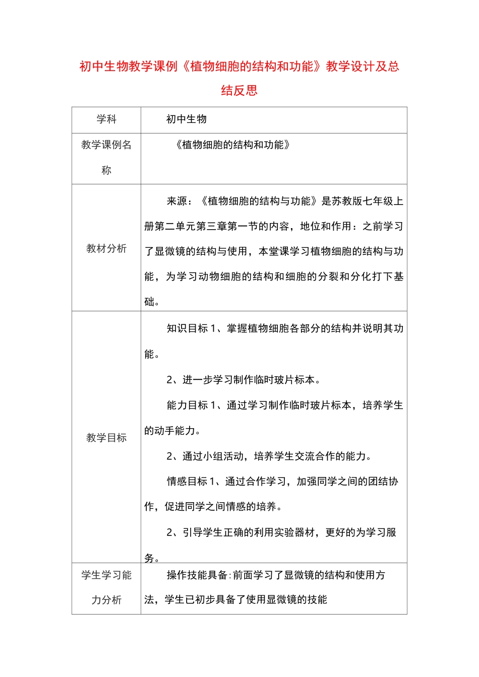初中生物教学课例《植物细胞的结构和功能》课程思政核心素养教学设计及总结反思_第1页