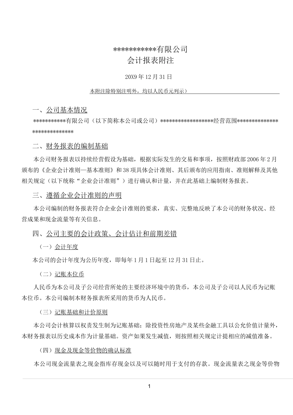 小微企业财务报表附注模板_第1页