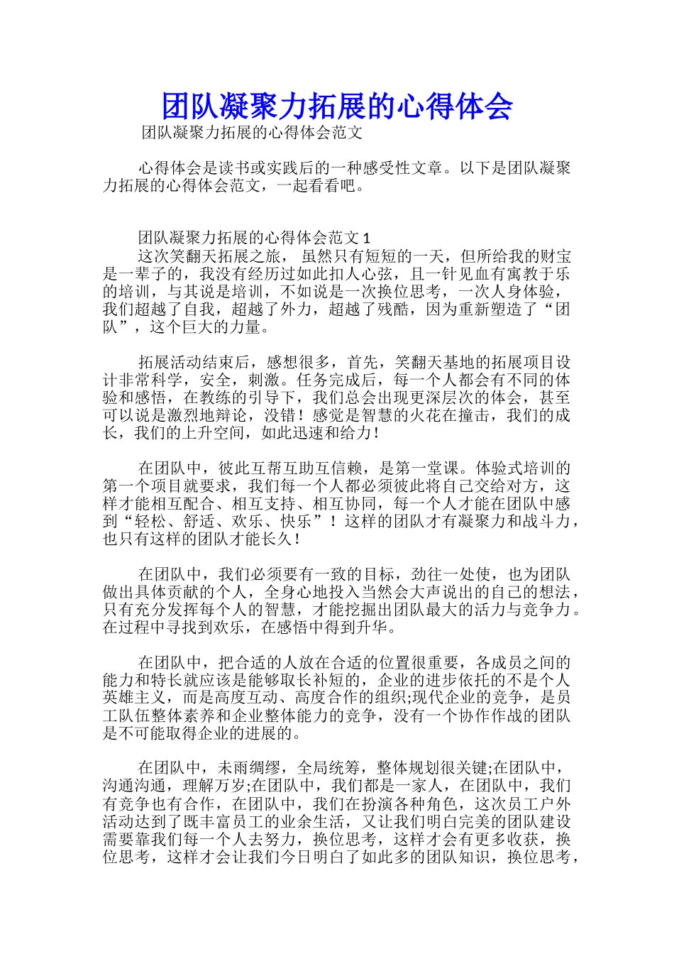 团队凝聚力拓展的心得体会_第1页
